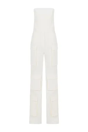 ECRU STRAPLESS POCKET DETAILED CANVAS CARGO JUMPSUIT