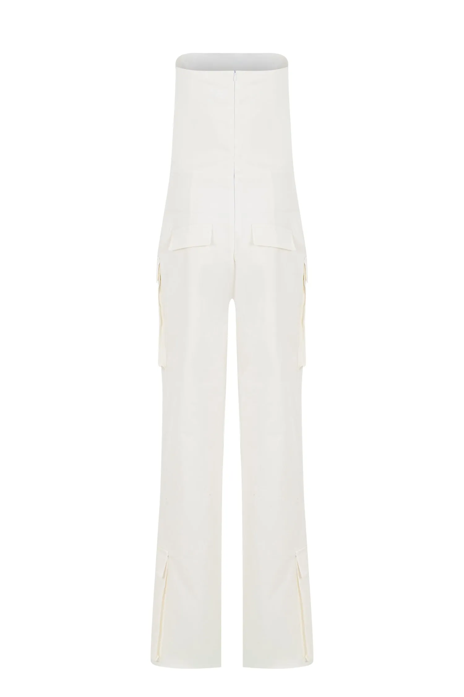 ECRU STRAPLESS POCKET DETAILED CANVAS CARGO JUMPSUIT