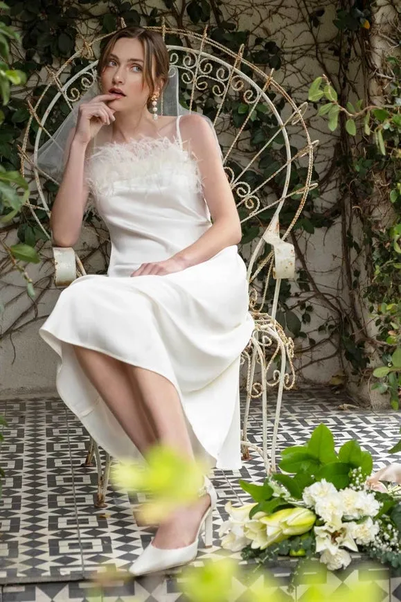 Faux Feather Trim Slip Midi Dress IVORY