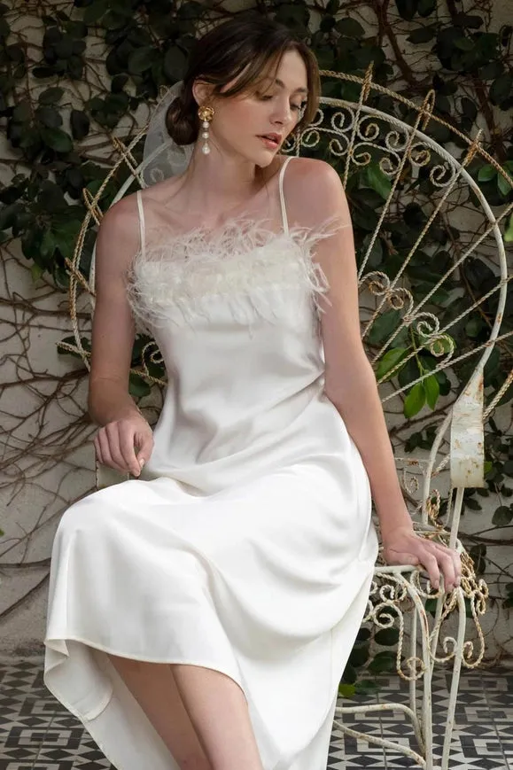 Faux Feather Trim Slip Midi Dress IVORY