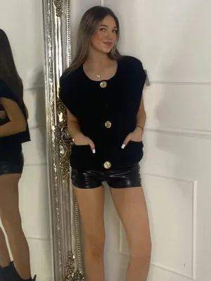 Gold Button Short Sleeve Cardigan - Black