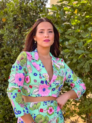 Green Flowers Crop Blazer