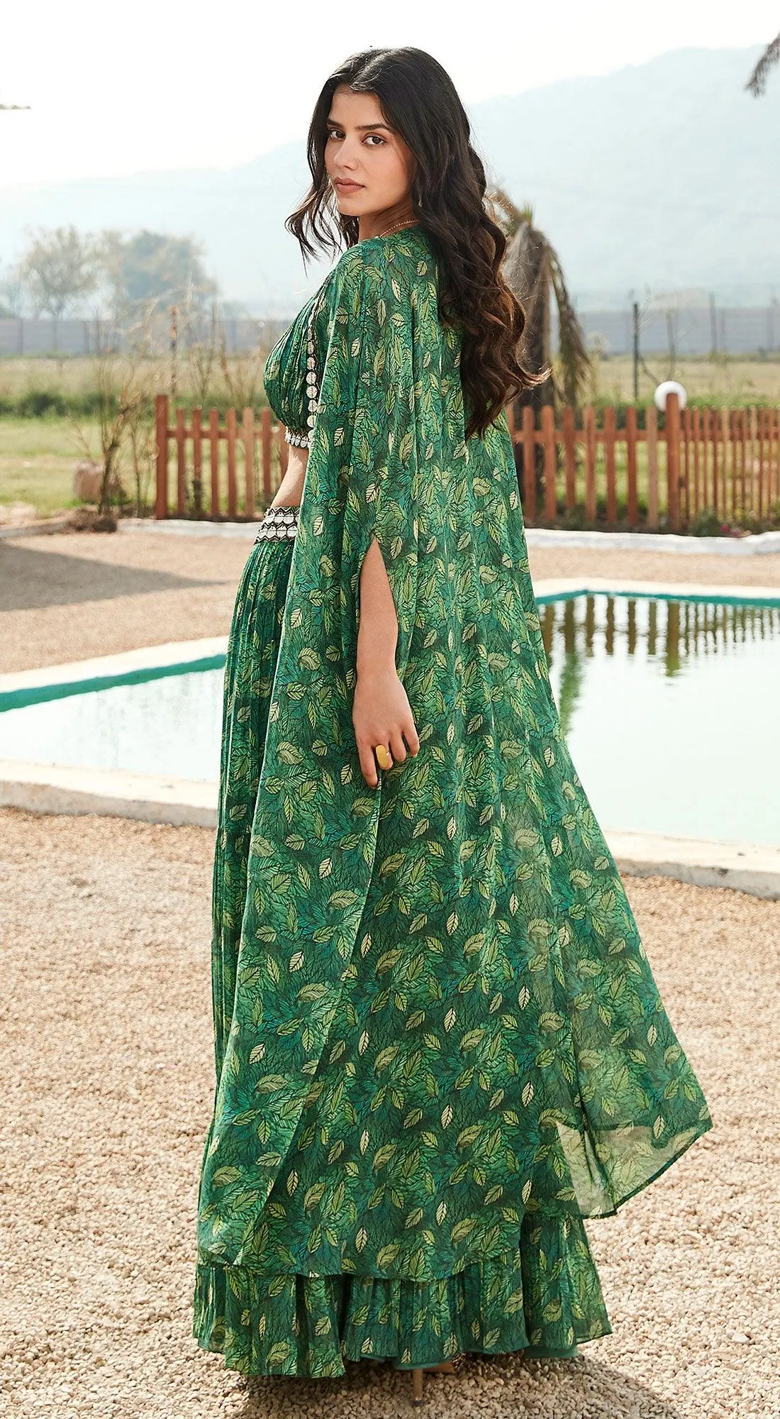 Green Printed Skirt  Set