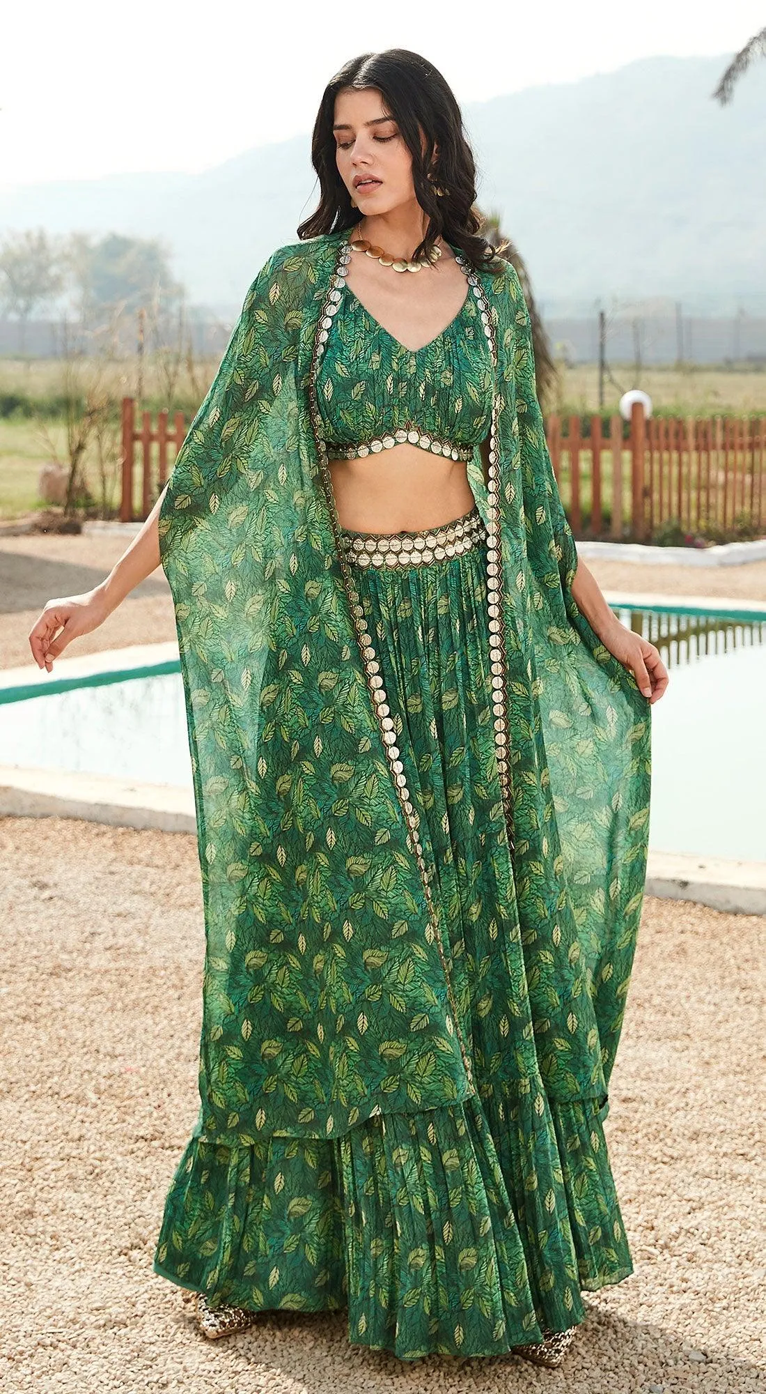 Green Printed Skirt  Set