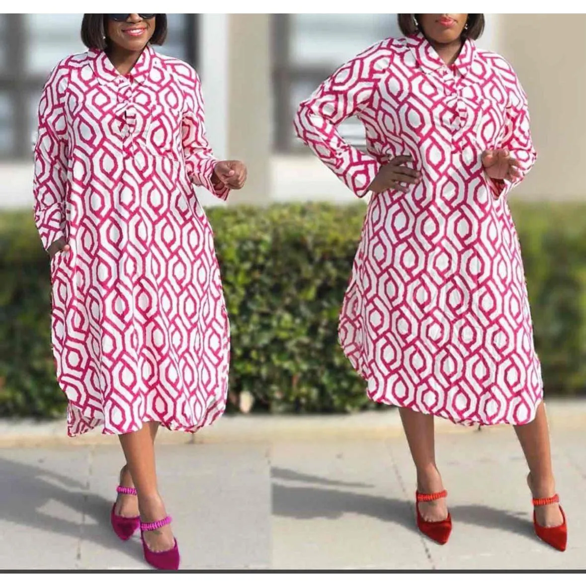 High Neck Long Sleeve Printed Pleated Maxi Dress.