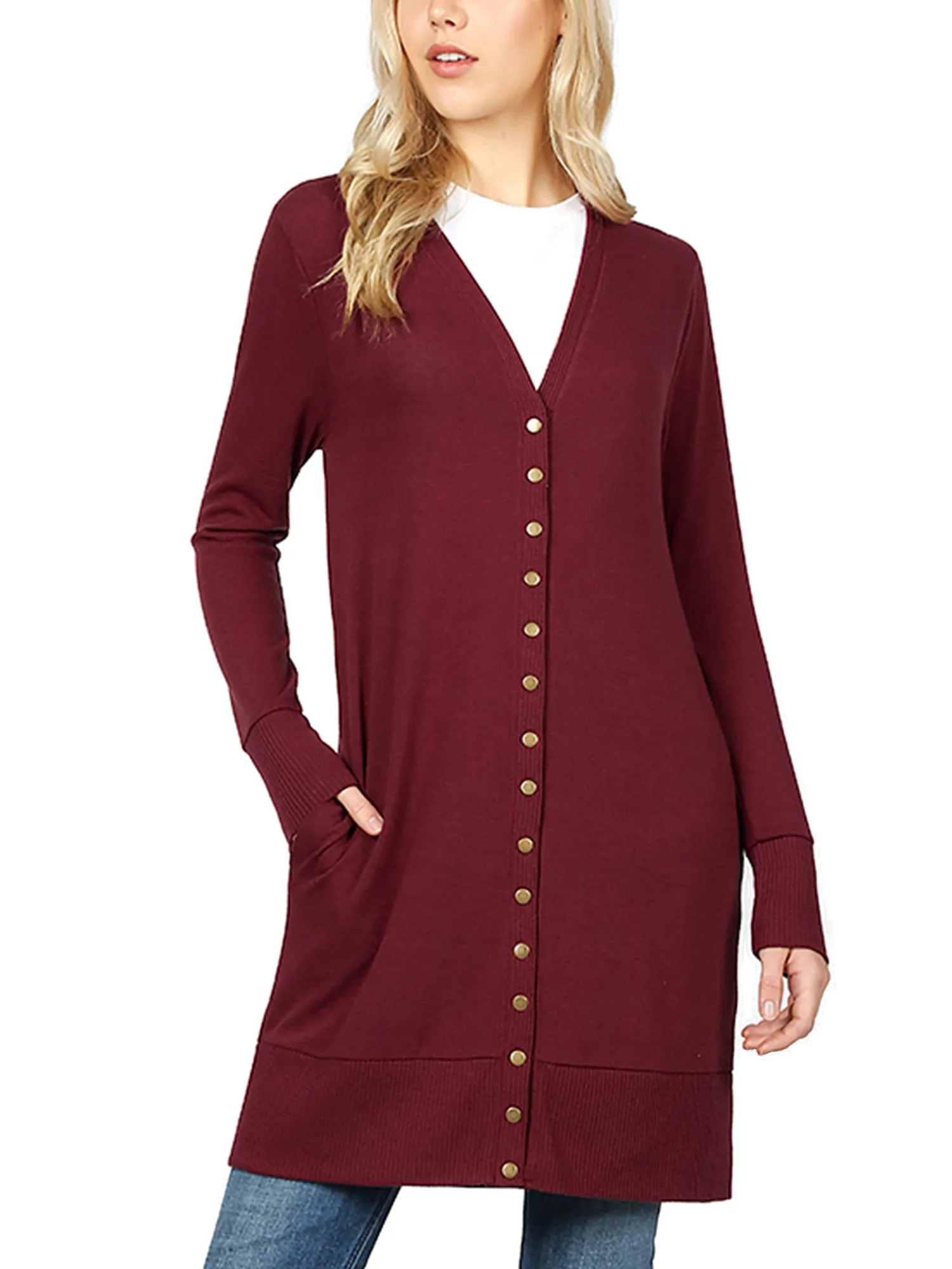 KOGMO Women's Long Knit Cardigan Sweater with Snap Buttons