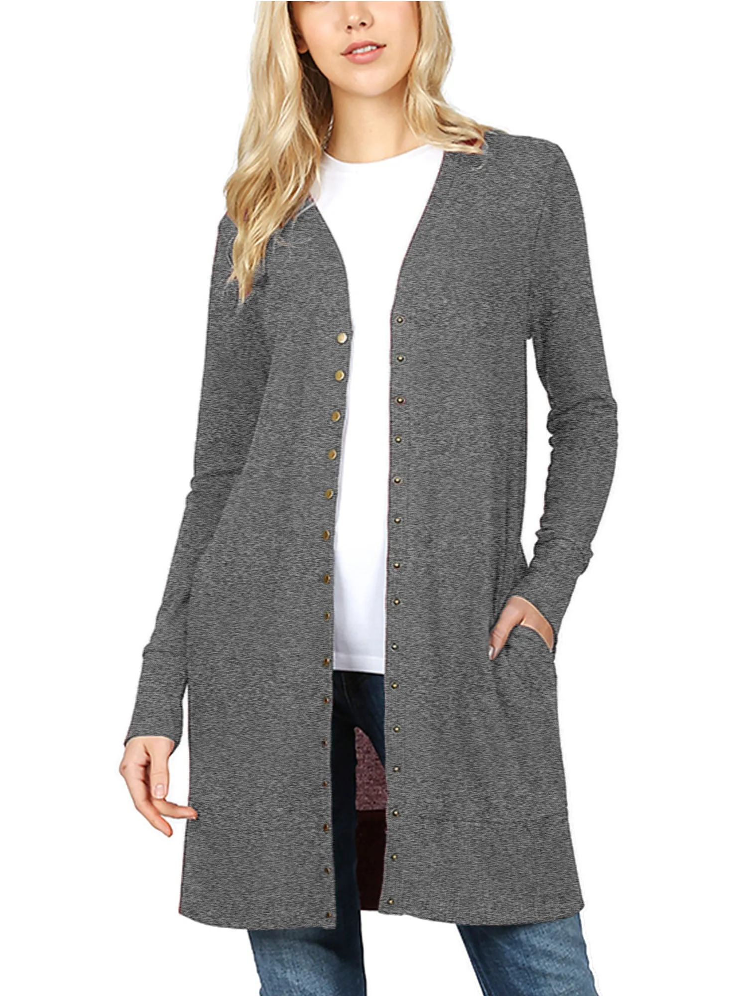 KOGMO Women's Long Knit Cardigan Sweater with Snap Buttons