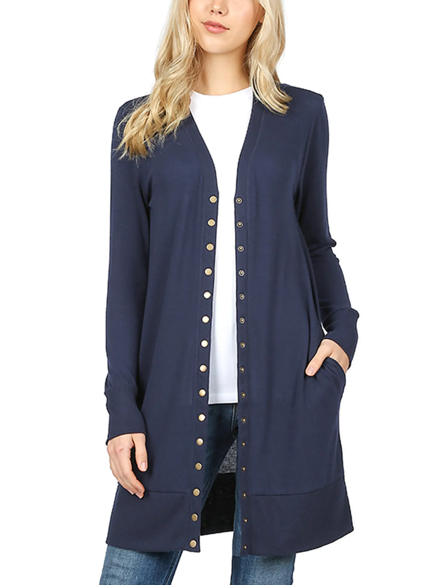KOGMO Women's Long Knit Cardigan Sweater with Snap Buttons