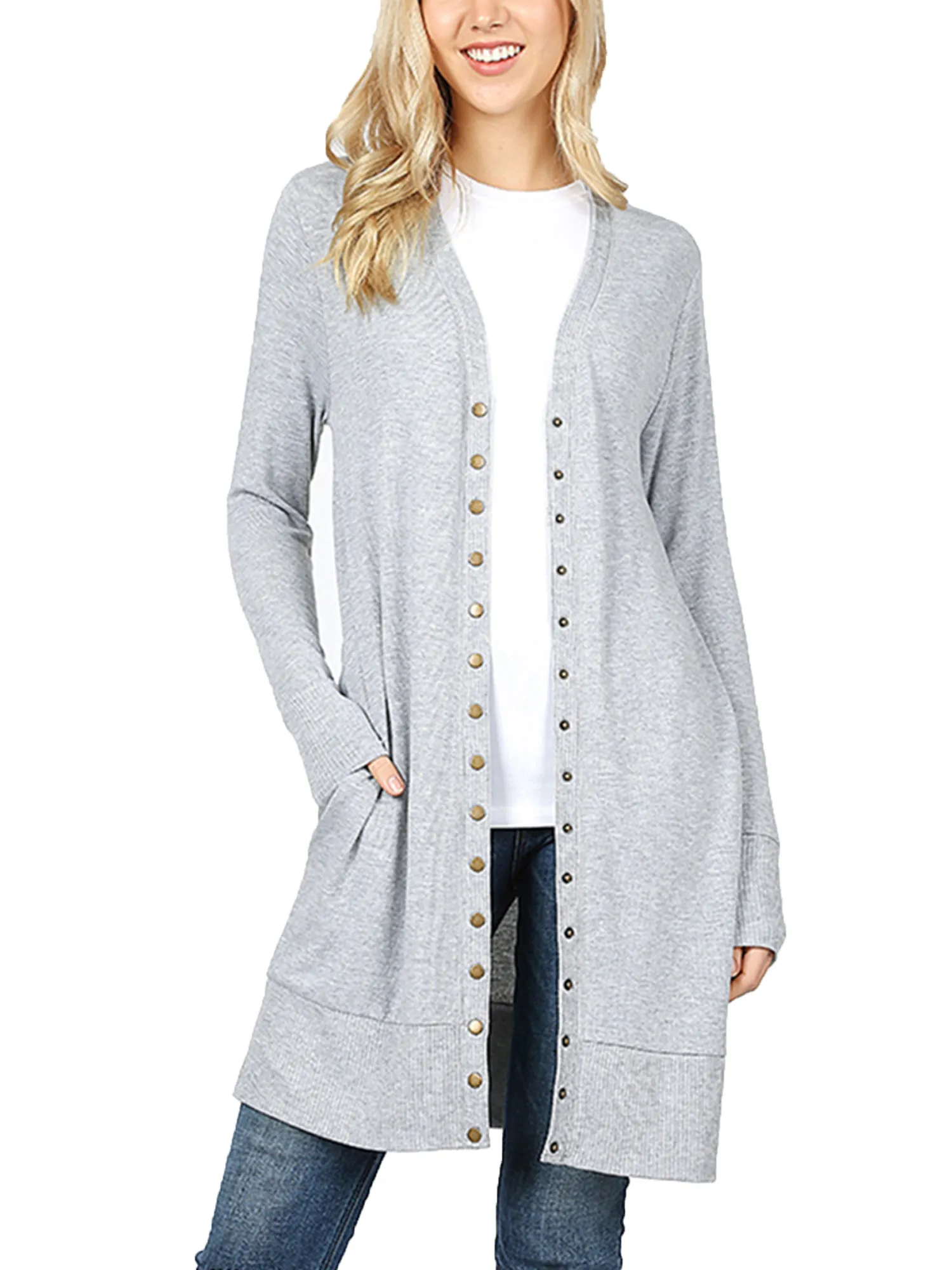 KOGMO Women's Long Knit Cardigan Sweater with Snap Buttons