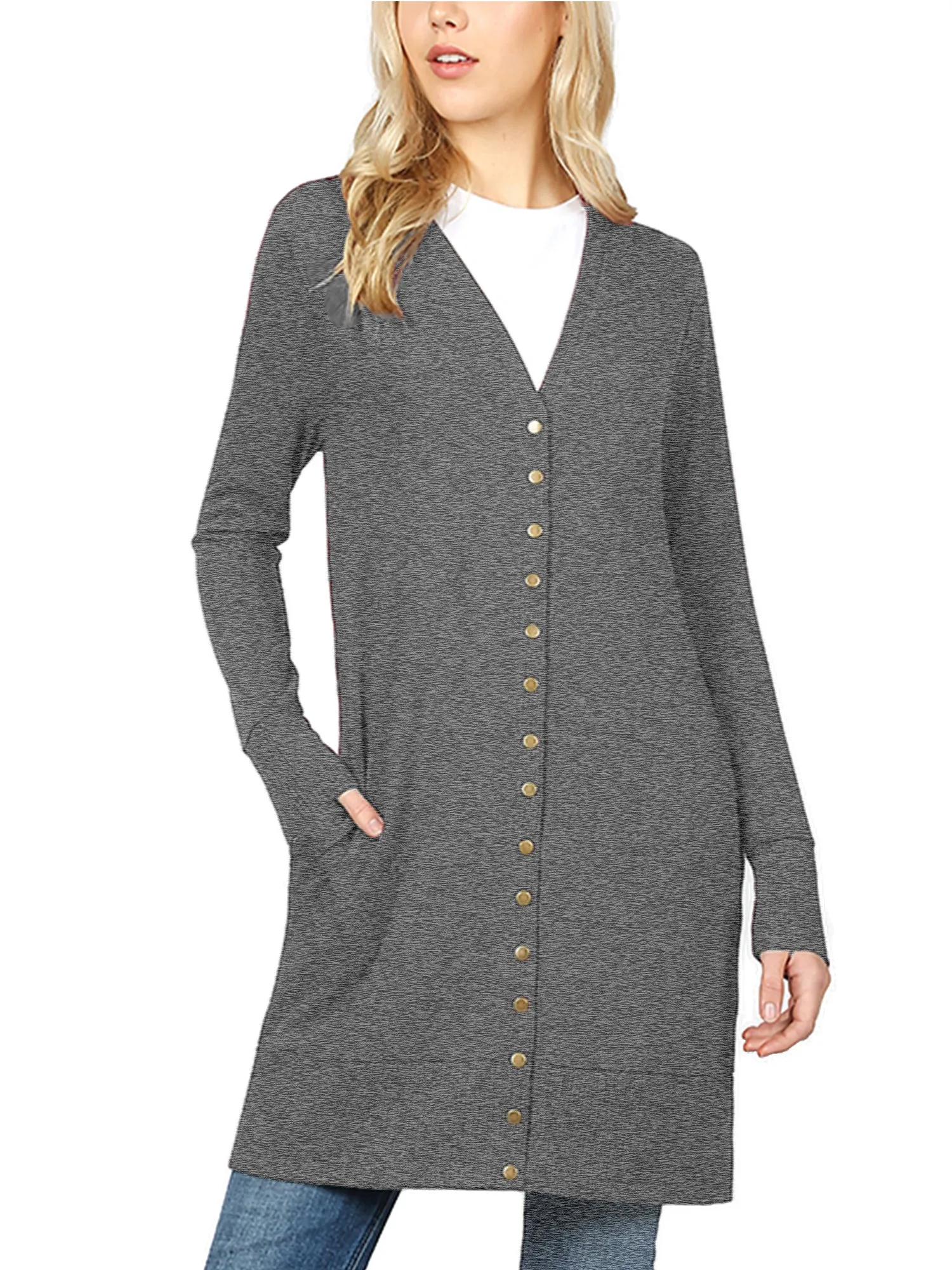 KOGMO Women's Long Knit Cardigan Sweater with Snap Buttons