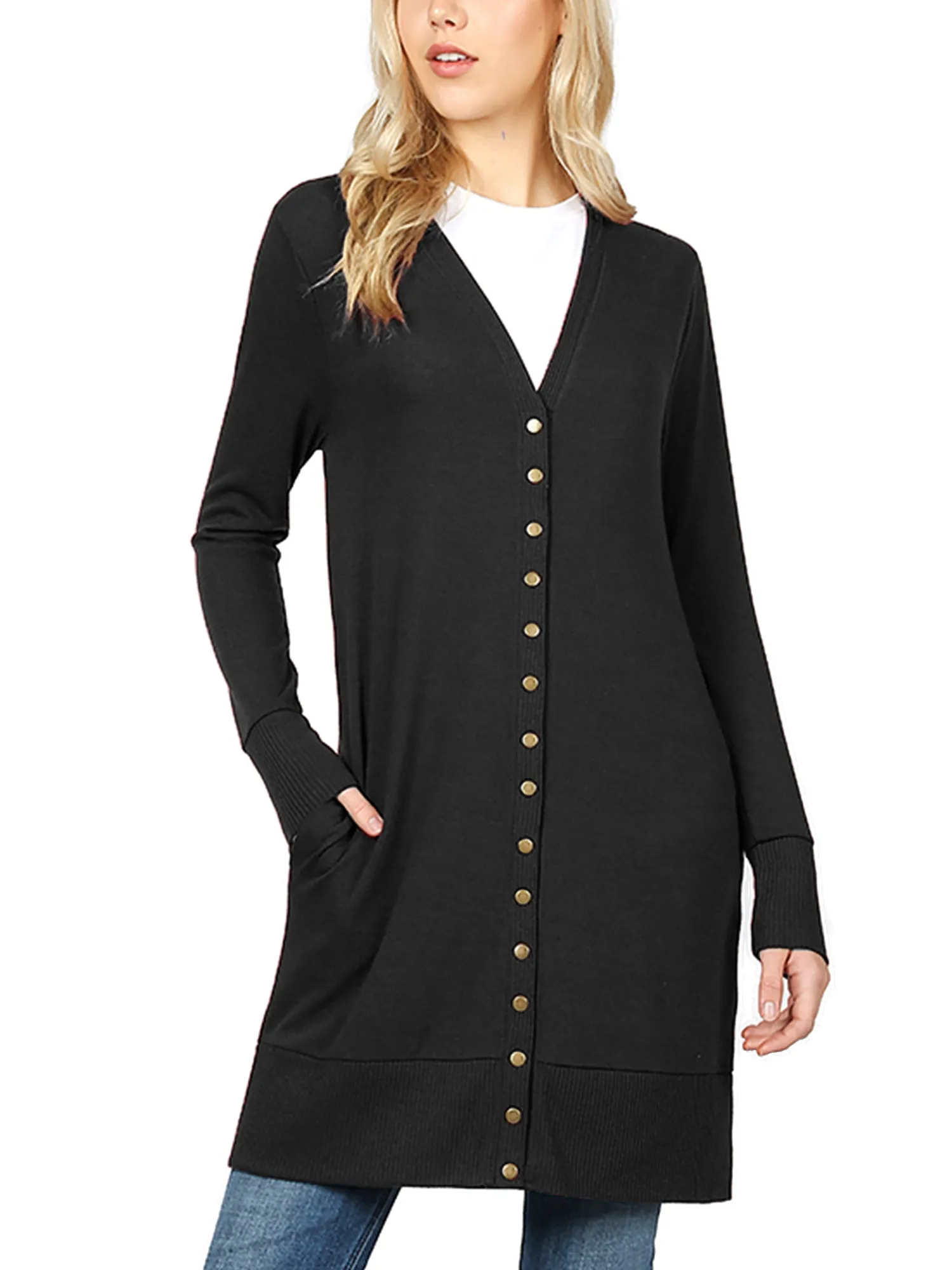 KOGMO Women's Long Knit Cardigan Sweater with Snap Buttons