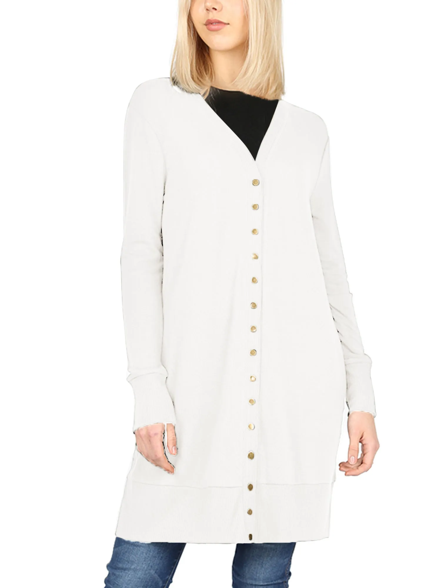 KOGMO Women's Long Knit Cardigan Sweater with Snap Buttons