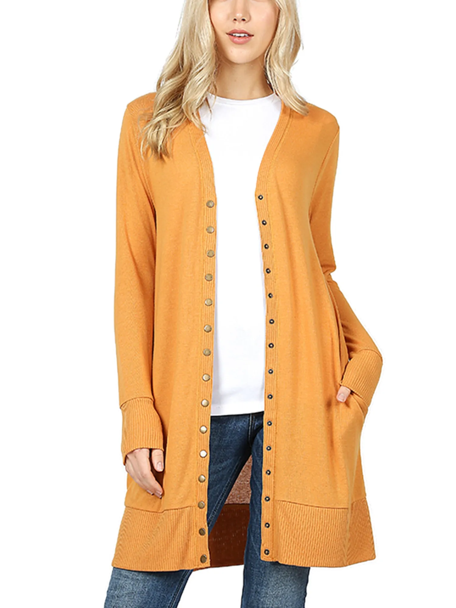 KOGMO Women's Long Knit Cardigan Sweater with Snap Buttons