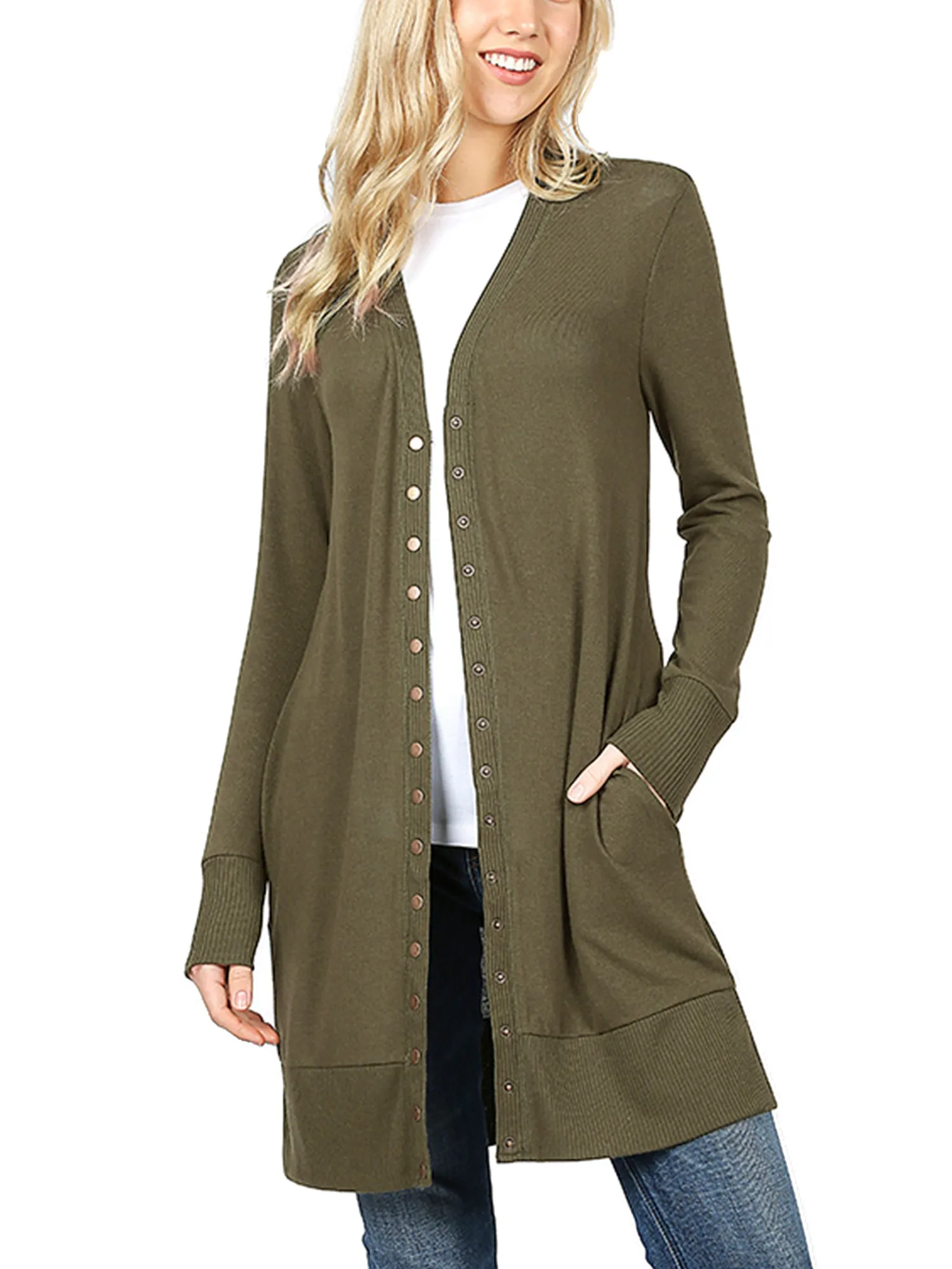 KOGMO Women's Long Knit Cardigan Sweater with Snap Buttons