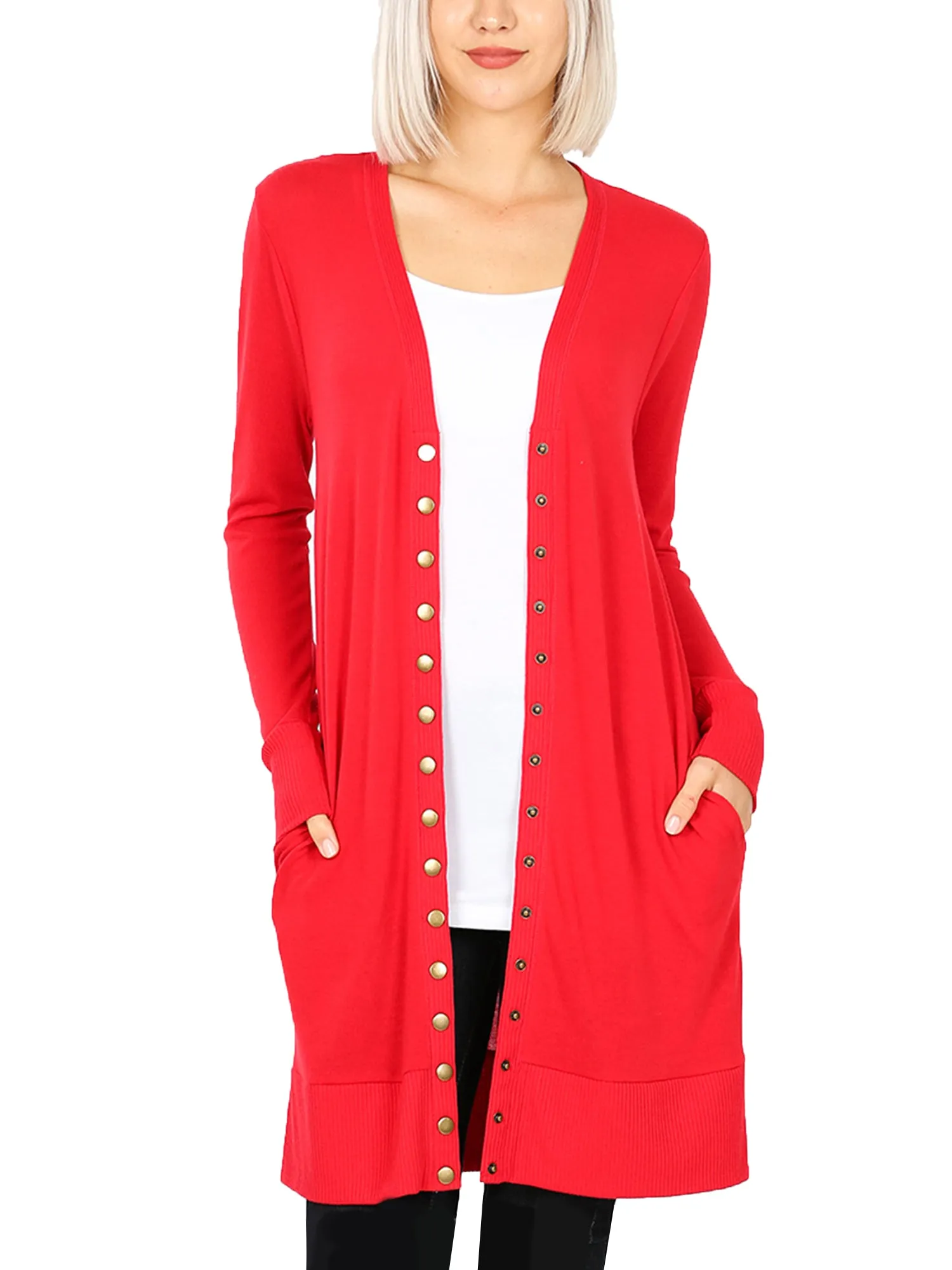 KOGMO Women's Long Knit Cardigan Sweater with Snap Buttons