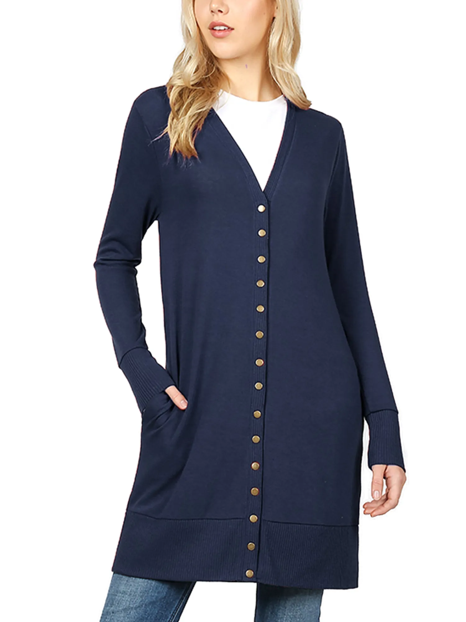 KOGMO Women's Long Knit Cardigan Sweater with Snap Buttons