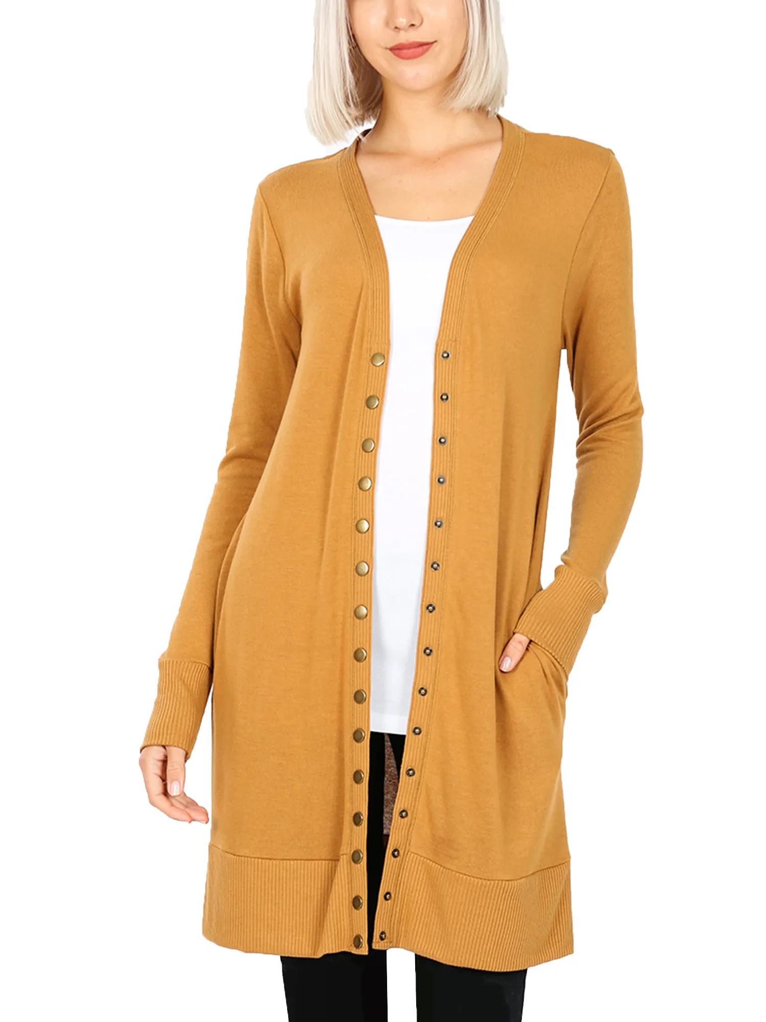 KOGMO Women's Long Knit Cardigan Sweater with Snap Buttons