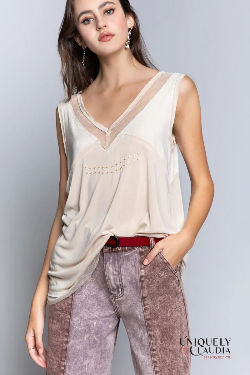 Lannie Sheer Lace Trim Sleeveless Top