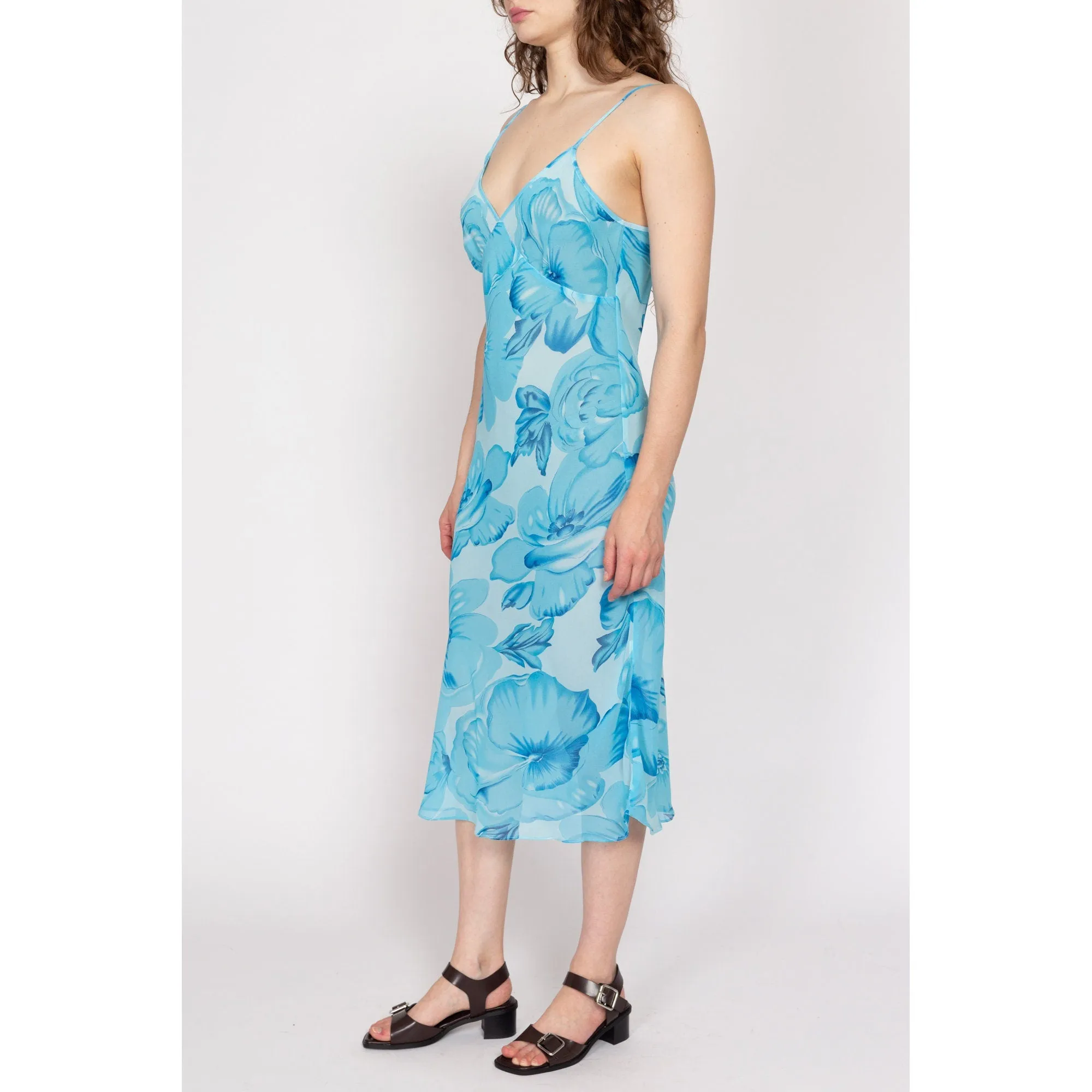 Large Y2K Sheer Blue Floral Silk Midi Dress