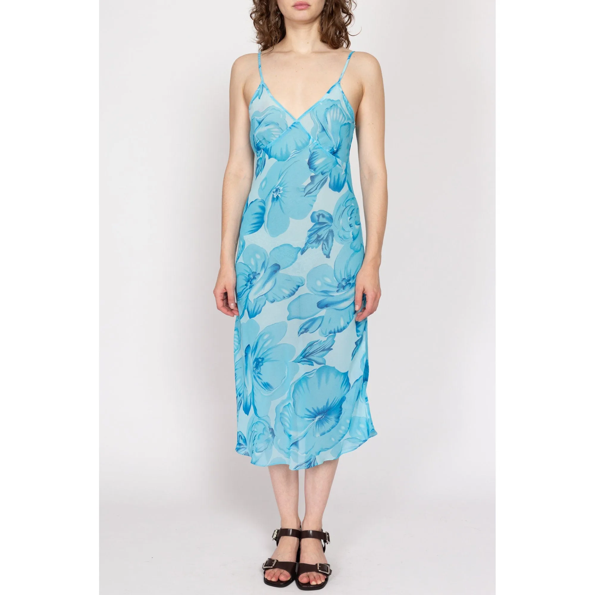 Large Y2K Sheer Blue Floral Silk Midi Dress