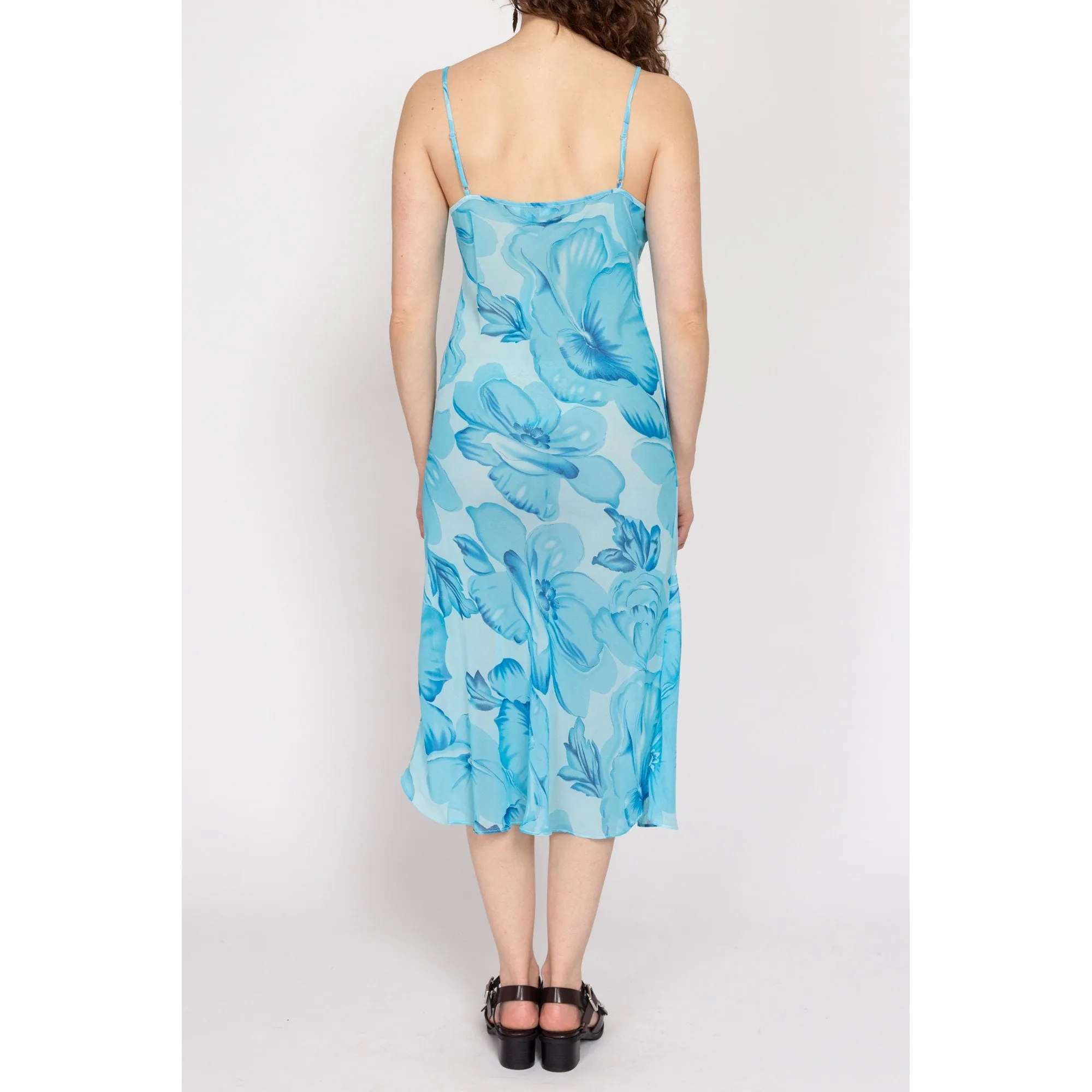 Large Y2K Sheer Blue Floral Silk Midi Dress