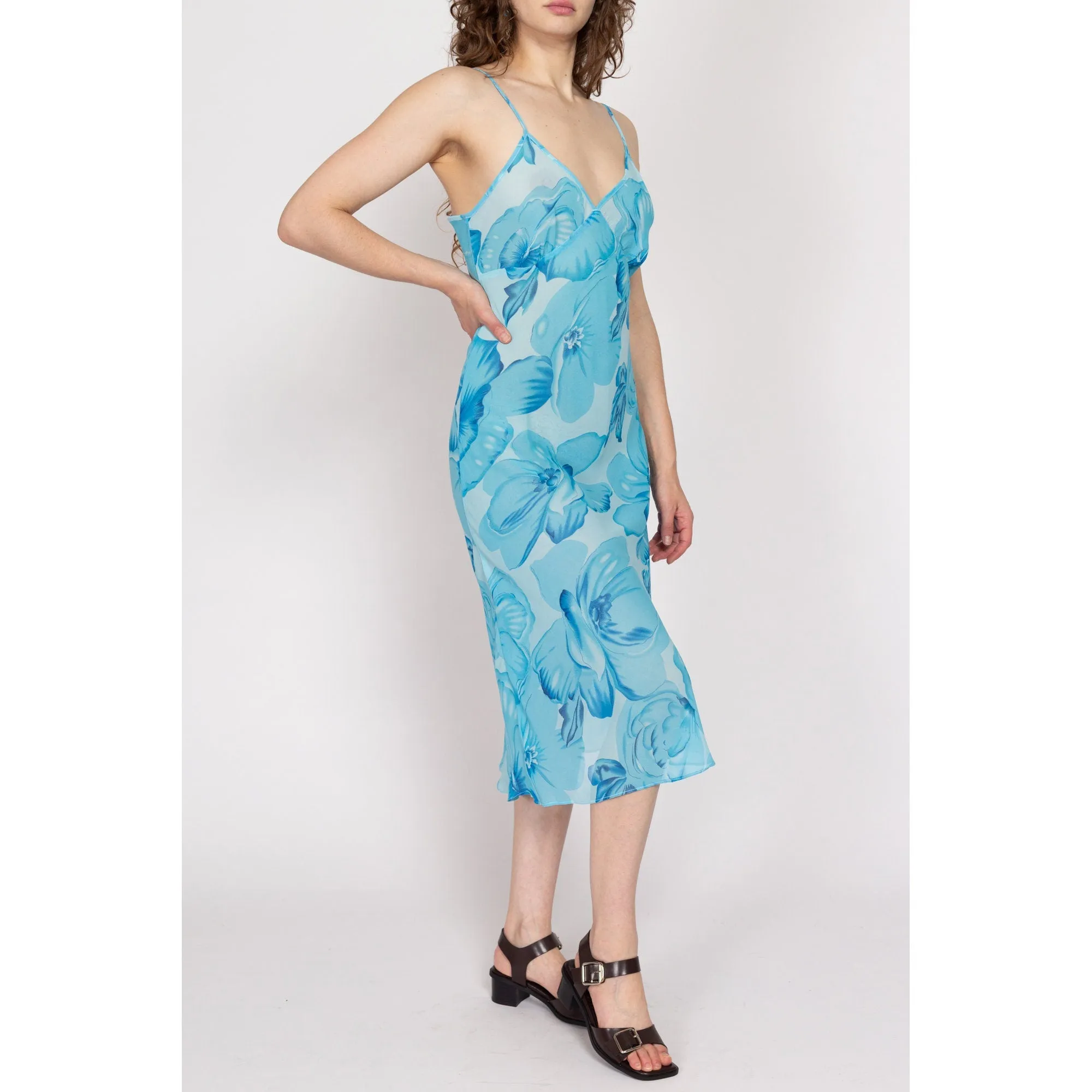 Large Y2K Sheer Blue Floral Silk Midi Dress