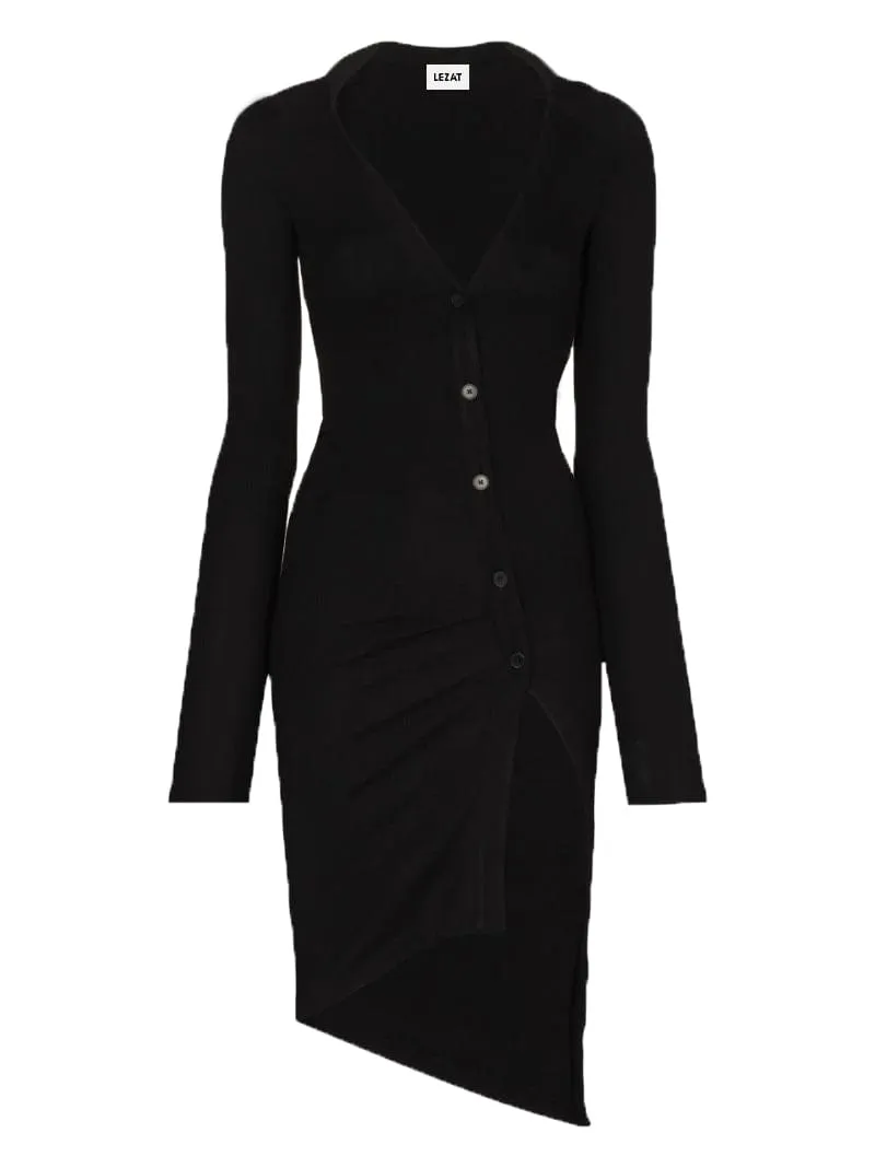 Lizzie Long Sleeve Ribbed Button Dress - Black