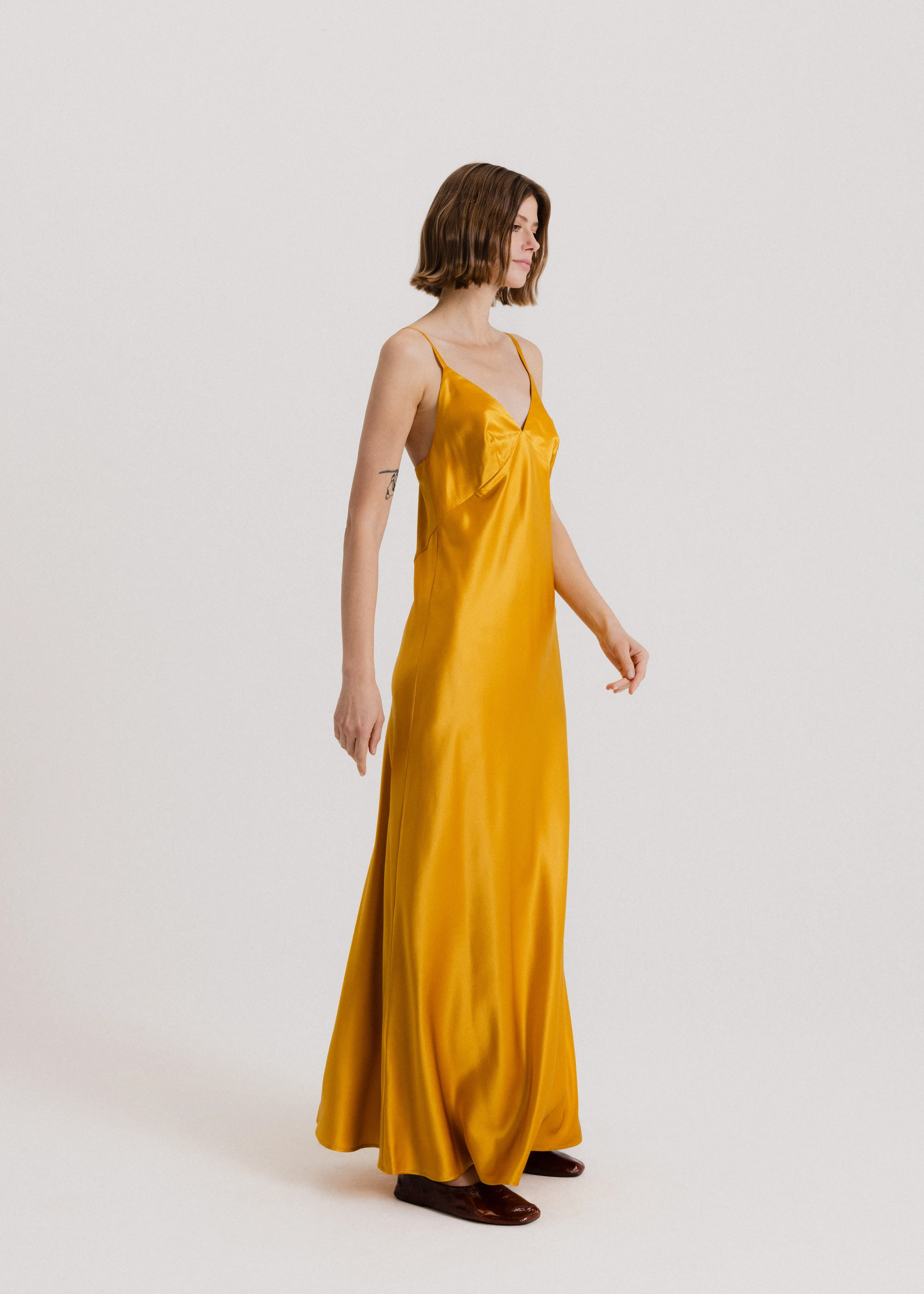 Maxi Silk Slip Dress in Gold