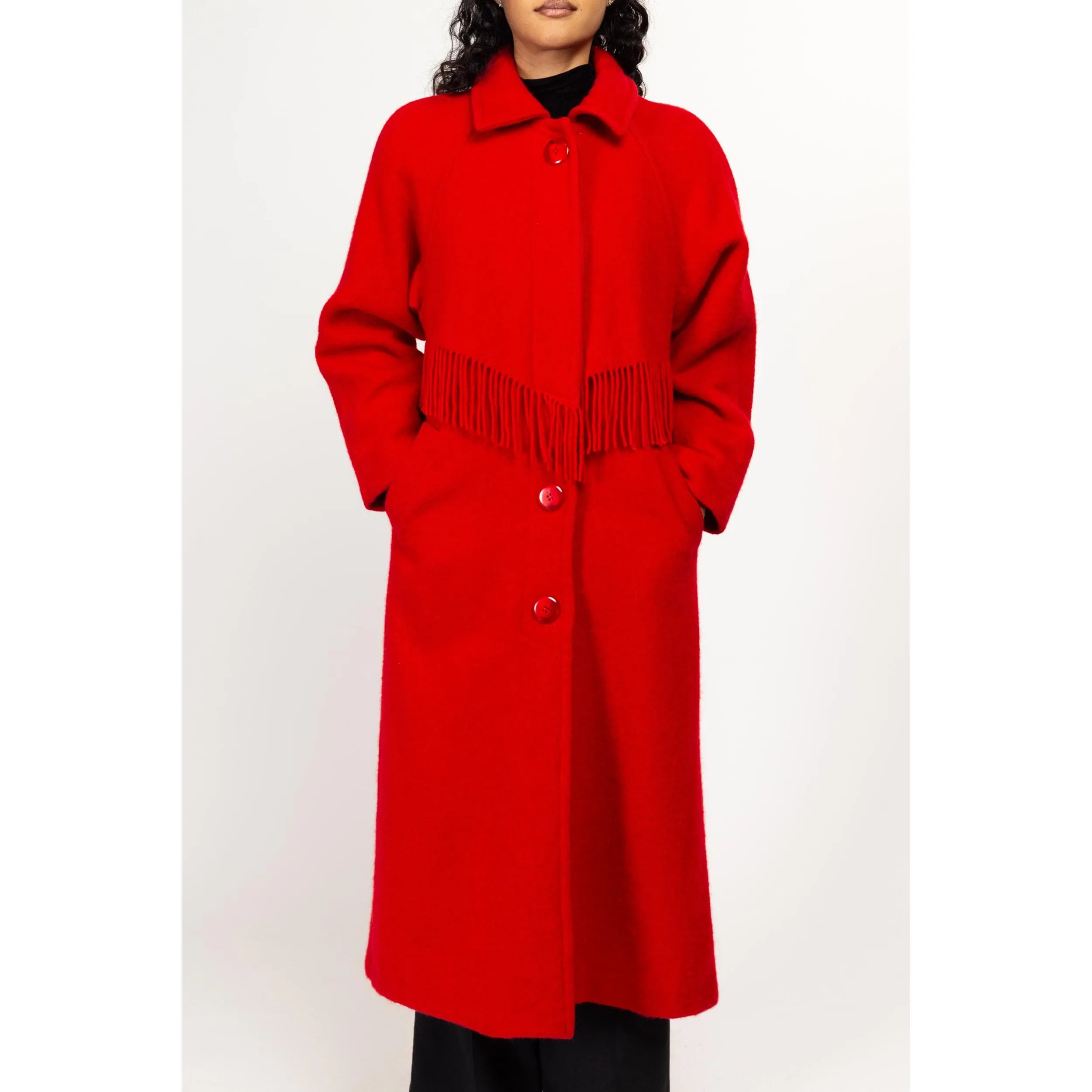 Medium 80s Woolrich Red Wool Fringe Overcoat