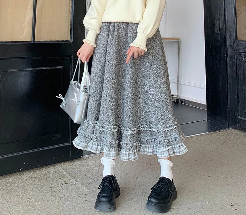 Mori Girl Fall Plush Velvet Pom Pom Plaid Ruffled Retro Skirt
