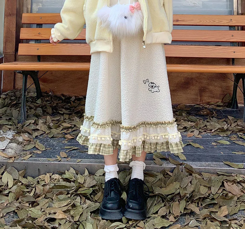Mori Girl Fall Plush Velvet Pom Pom Plaid Ruffled Retro Skirt