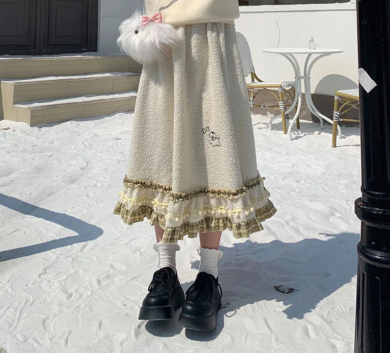 Mori Girl Fall Plush Velvet Pom Pom Plaid Ruffled Retro Skirt