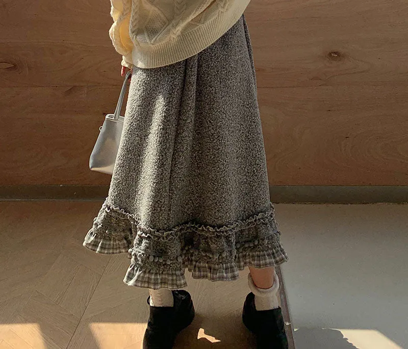 Mori Girl Fall Plush Velvet Pom Pom Plaid Ruffled Retro Skirt