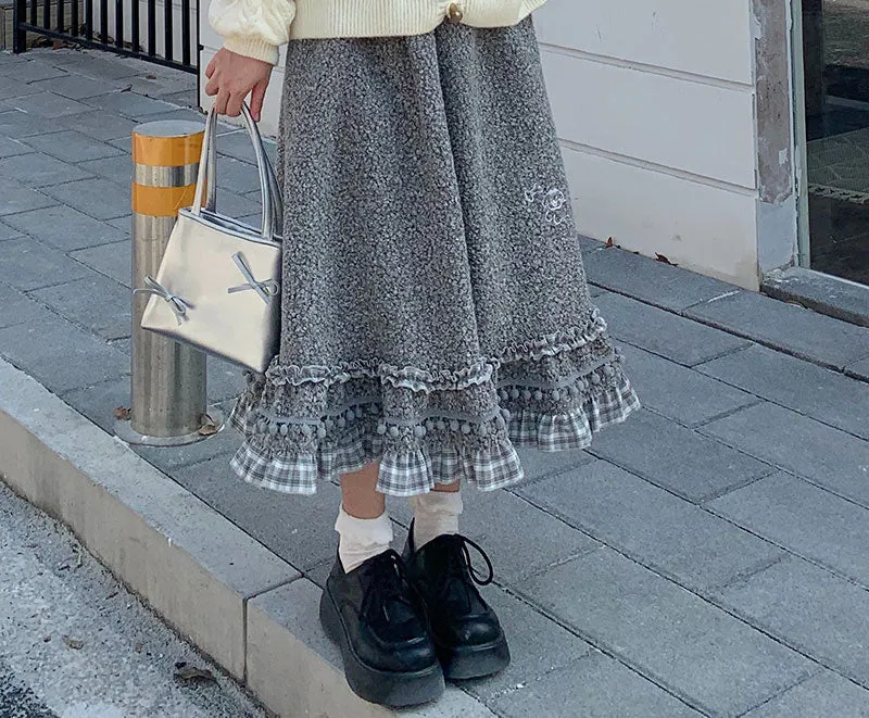 Mori Girl Fall Plush Velvet Pom Pom Plaid Ruffled Retro Skirt