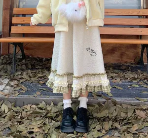 Mori Girl Fall Plush Velvet Pom Pom Plaid Ruffled Retro Skirt