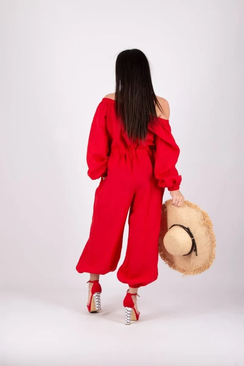 Off Shoulders White Linen Jumpsuit BOHEMY