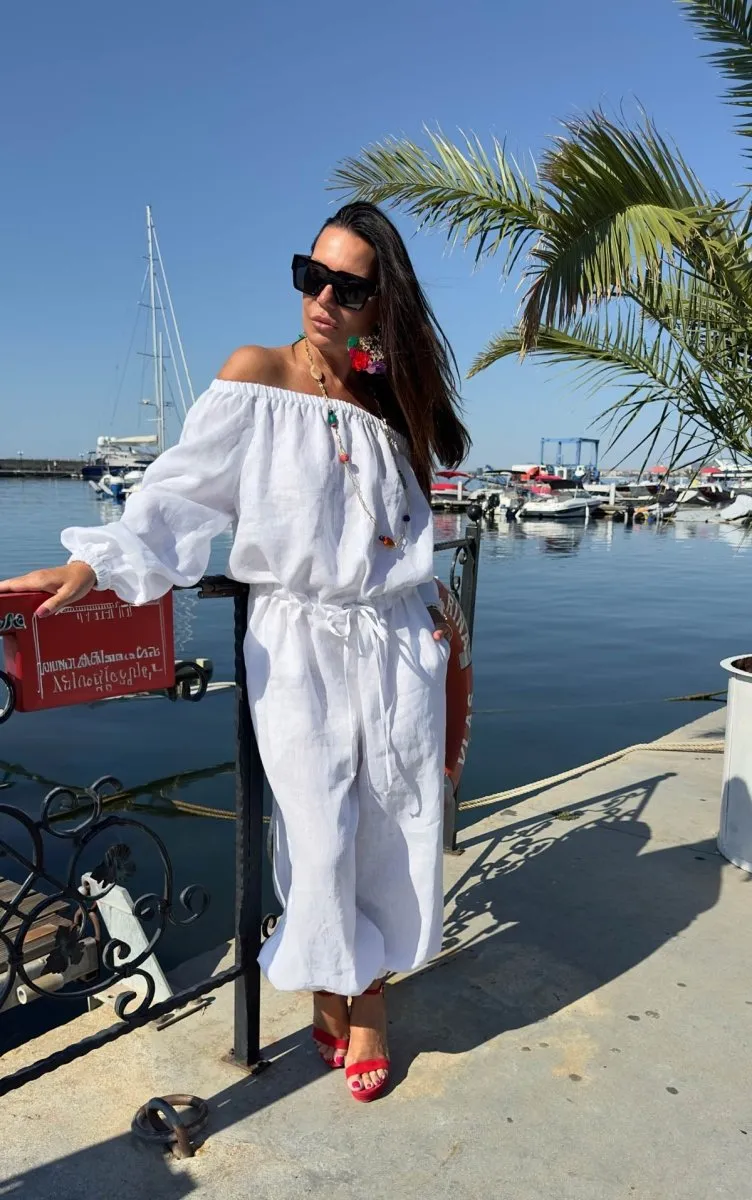 Off Shoulders White Linen Jumpsuit BOHEMY