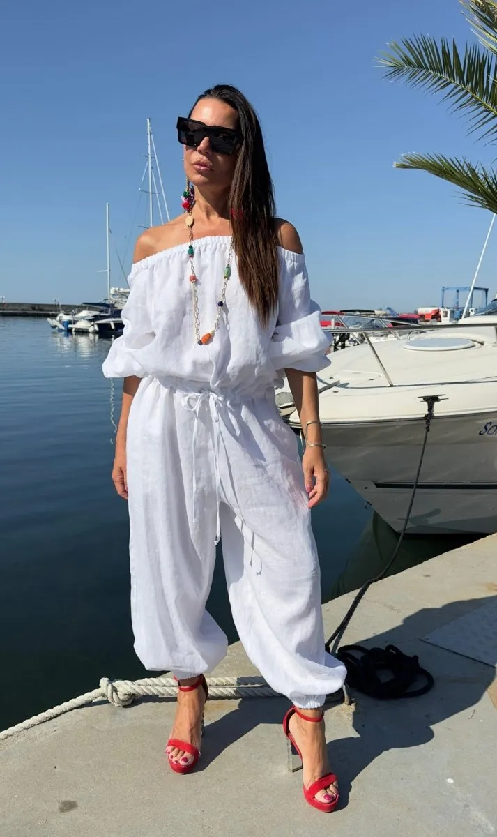 Off Shoulders White Linen Jumpsuit BOHEMY