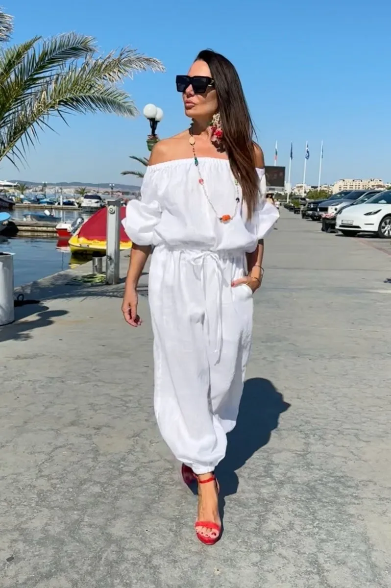 Off Shoulders White Linen Jumpsuit BOHEMY