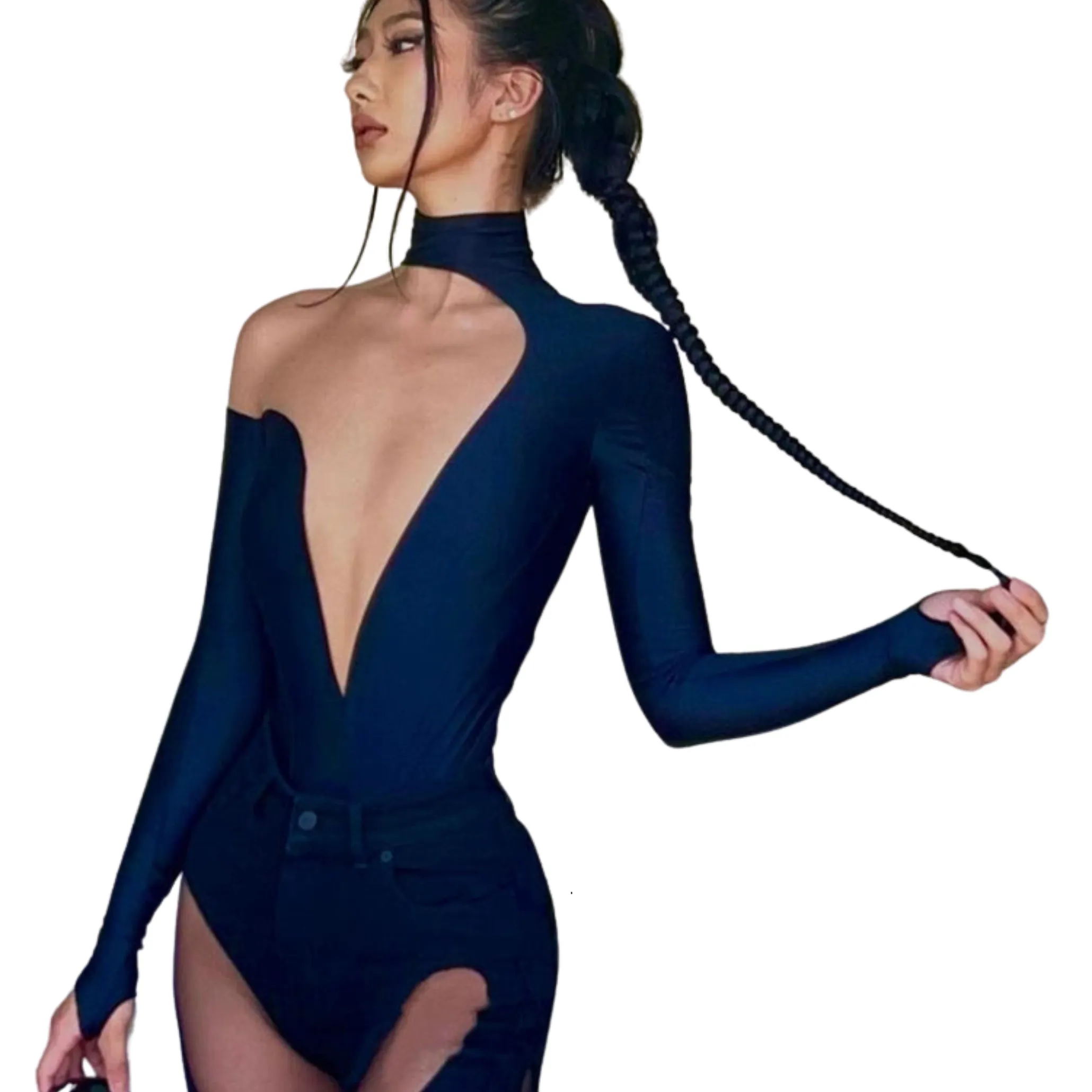 Patch Mesh Long Sleeve Jumpsuit