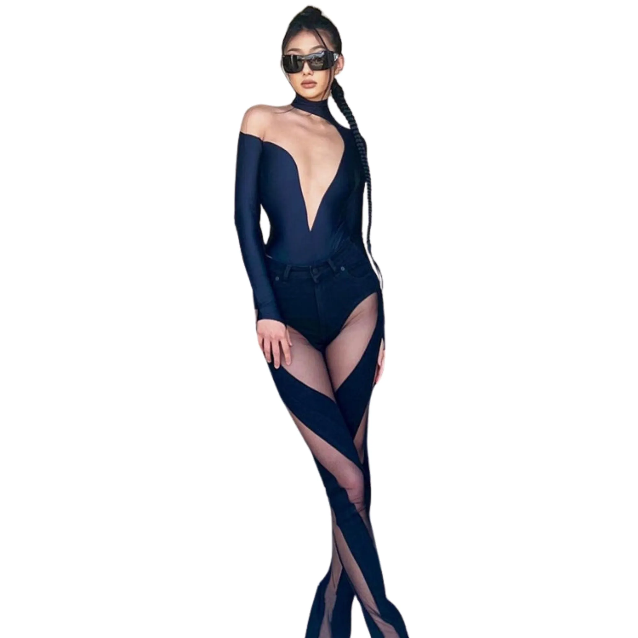 Patch Mesh Long Sleeve Jumpsuit