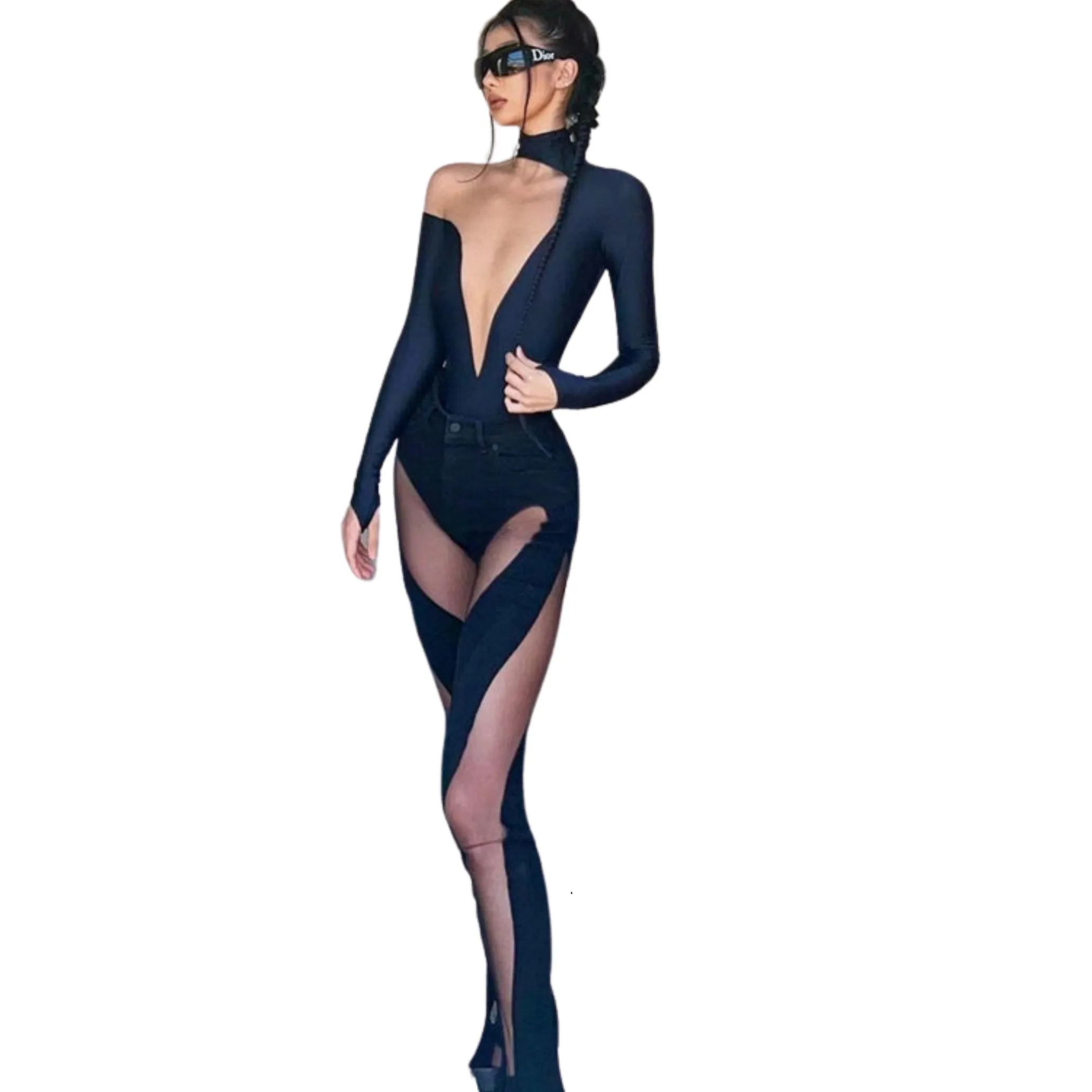 Patch Mesh Long Sleeve Jumpsuit