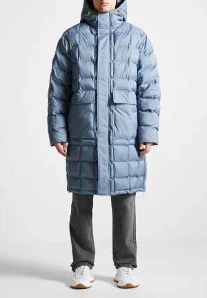 Quilted Longline Puffer Coat - Steel Blue