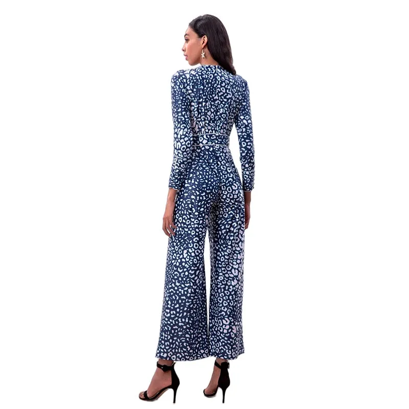 R171-2 Women animal print long sleeves flare leg jumpsuit