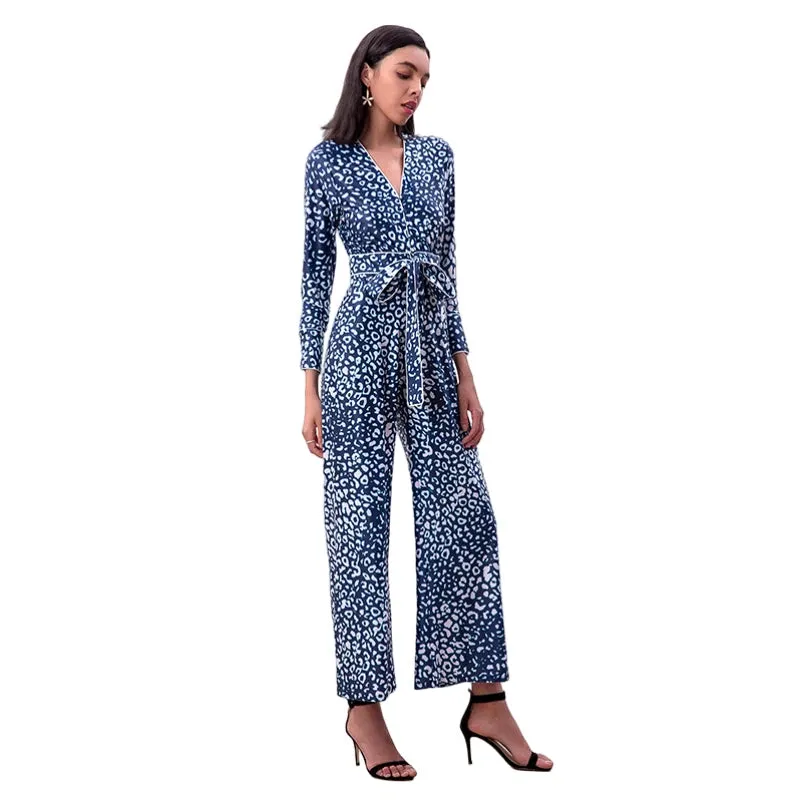 R171-2 Women animal print long sleeves flare leg jumpsuit