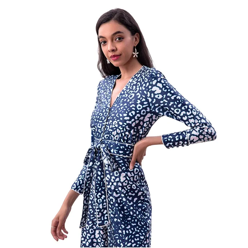R171-2 Women animal print long sleeves flare leg jumpsuit