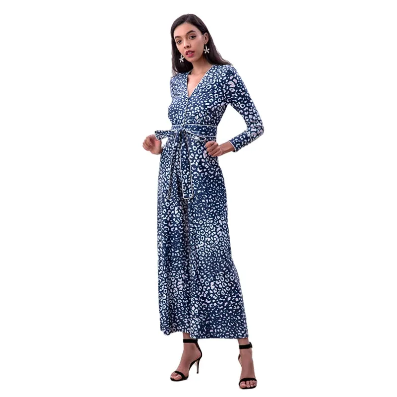 R171-2 Women animal print long sleeves flare leg jumpsuit