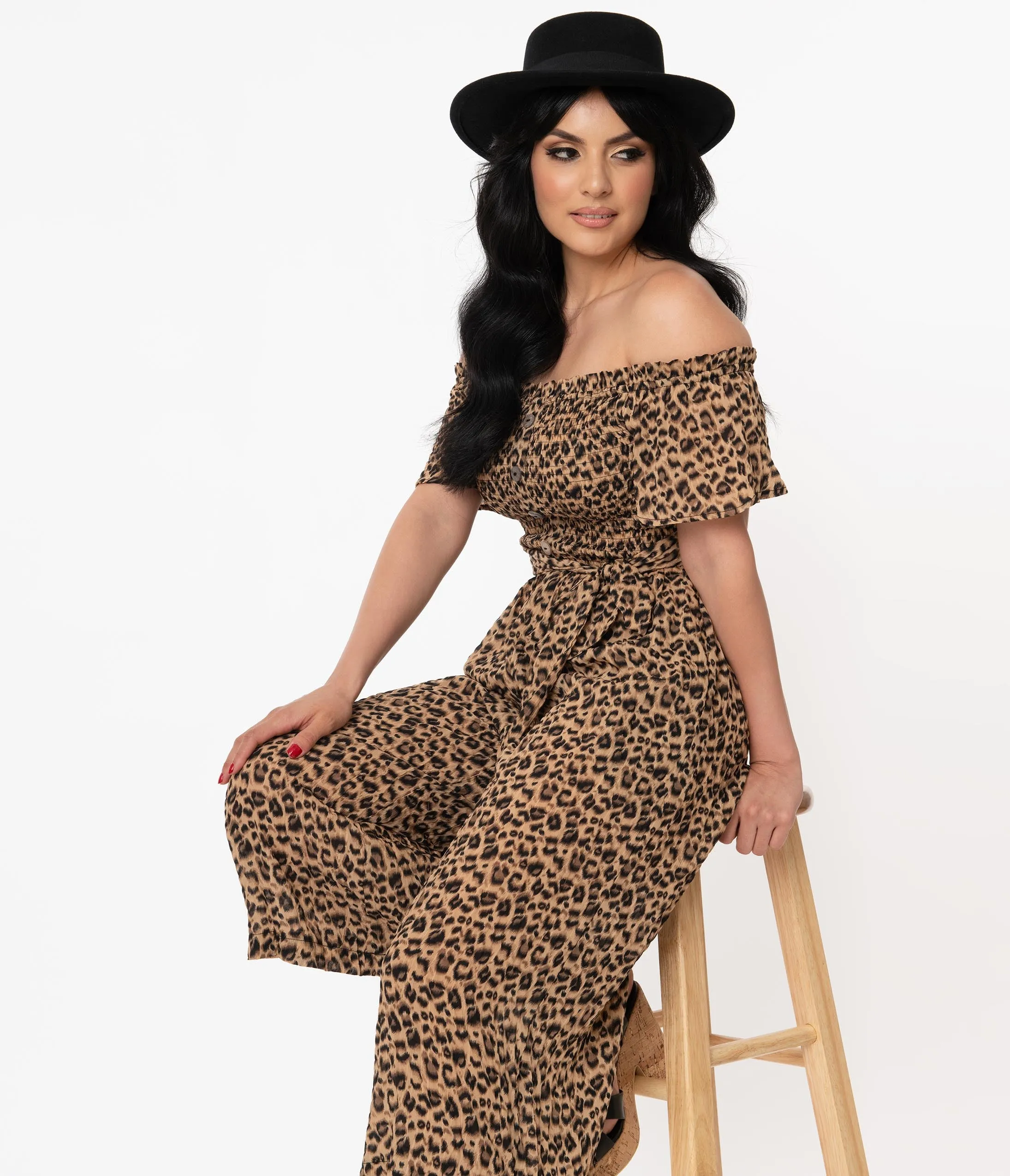 Retro Style Leopard Print Off Shoulder Jumpsuit