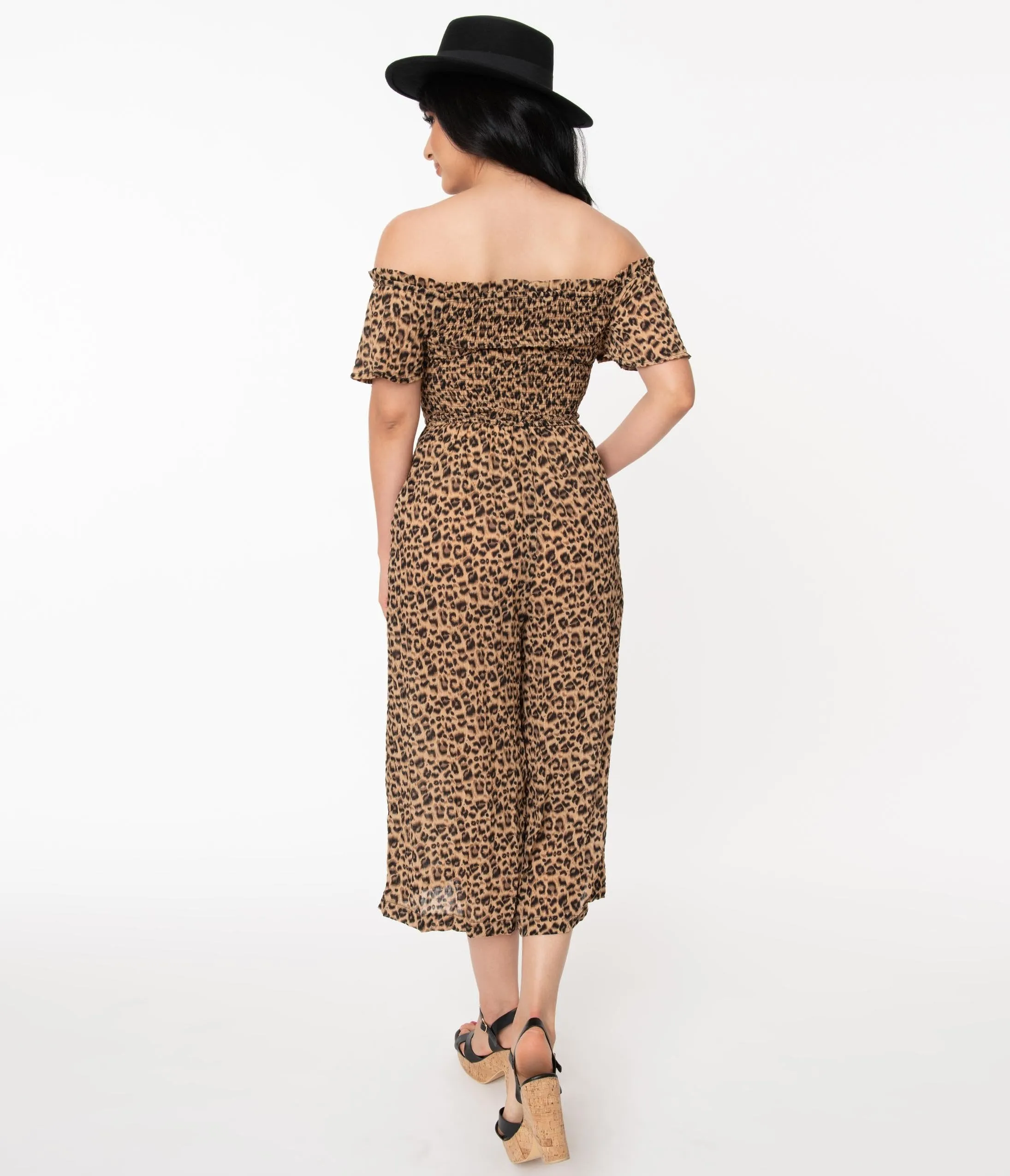Retro Style Leopard Print Off Shoulder Jumpsuit