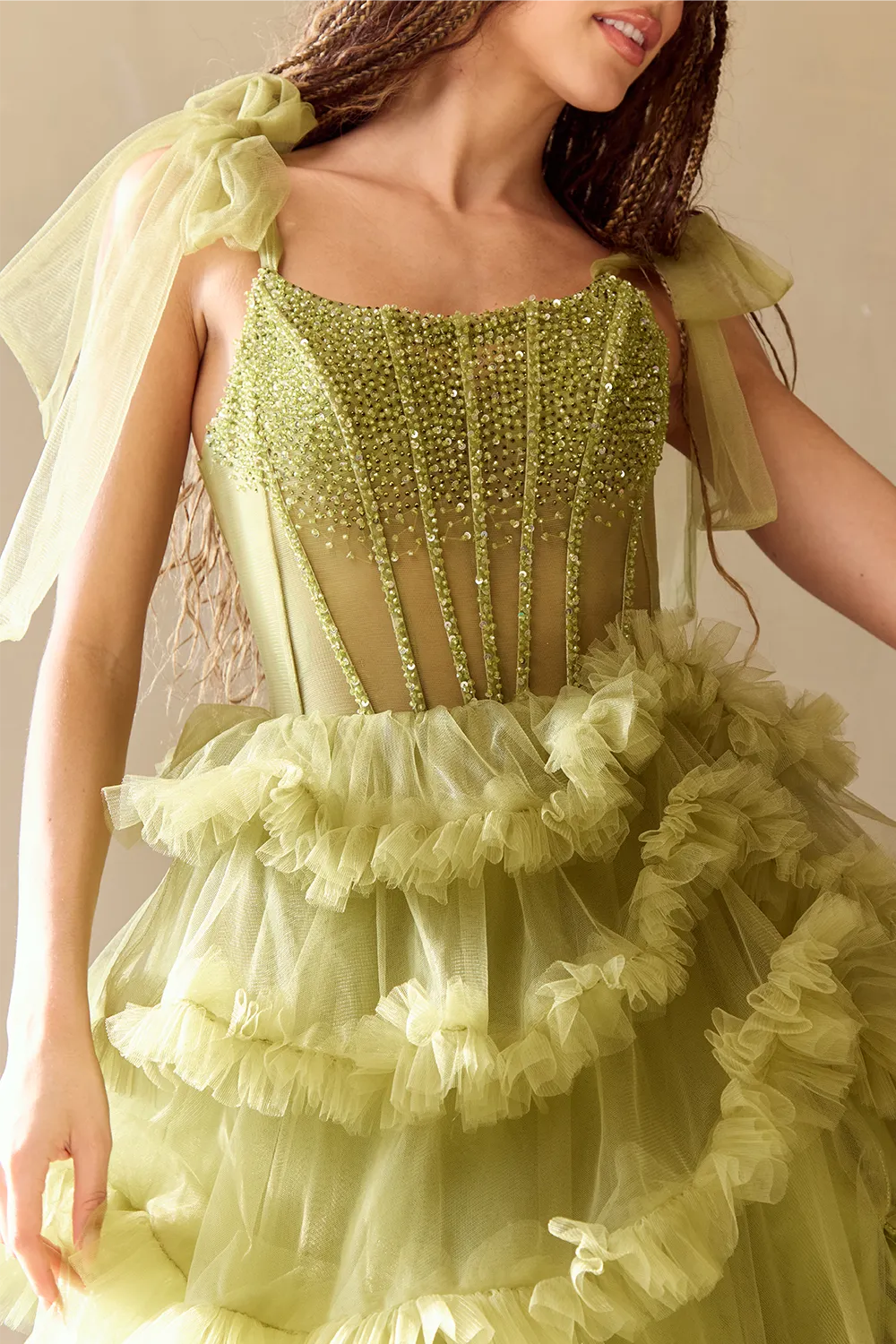 SARELLA Crystal Bodice Bow Feature Tulle Layered A Line Prom & Formal Dress
